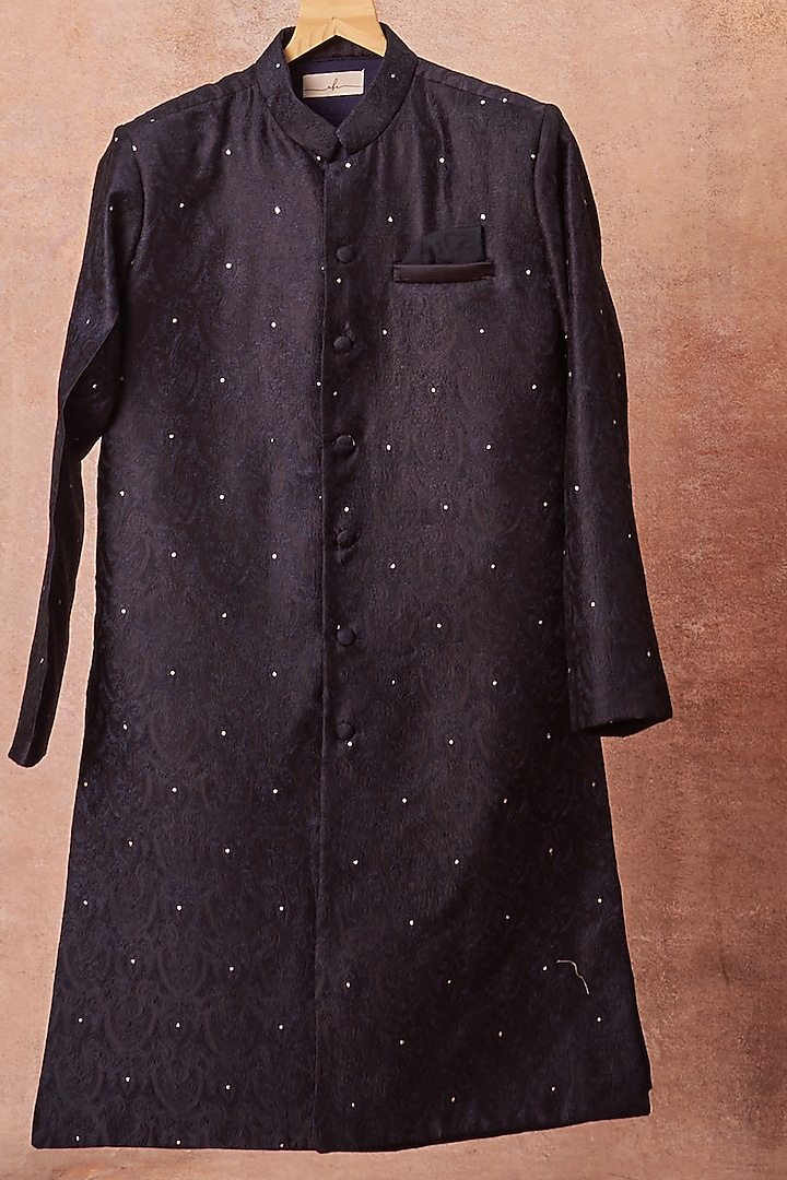 Navy Blue Embroidered Achkan Jacket Set For Boys by All Boy Couture at Pernia's Pop Up Shop
