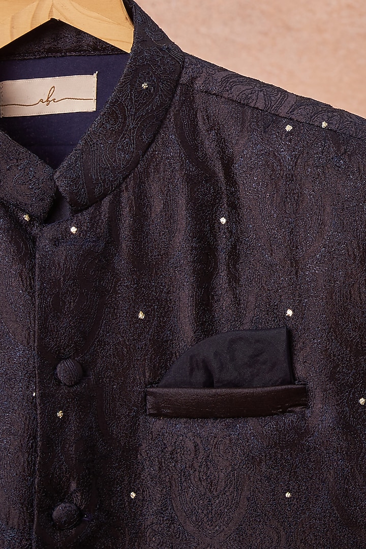 Navy Blue Embroidered Achkan Jacket Set For Boys by All Boy Couture at Pernia's Pop Up Shop