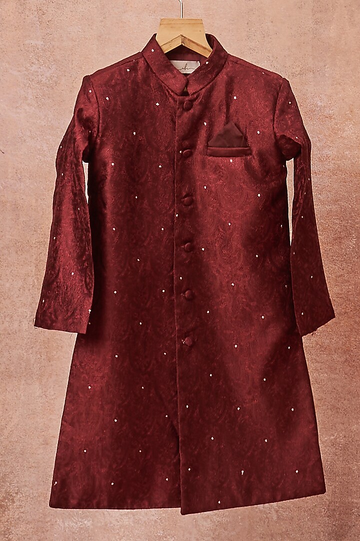 Maroon Handloom Silk Achkan Jacket Set For Boys by All Boy Couture at Pernia's Pop Up Shop