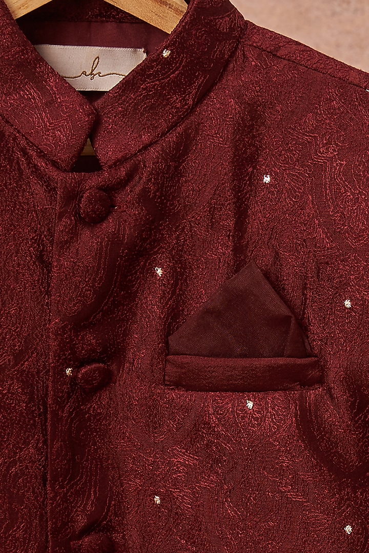 Maroon Handloom Silk Achkan Jacket Set For Boys by All Boy Couture at Pernia's Pop Up Shop