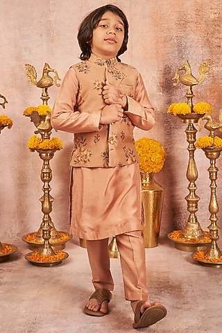 Dust Pink Printed Bandhgala Set For Boys by All Boy Couture