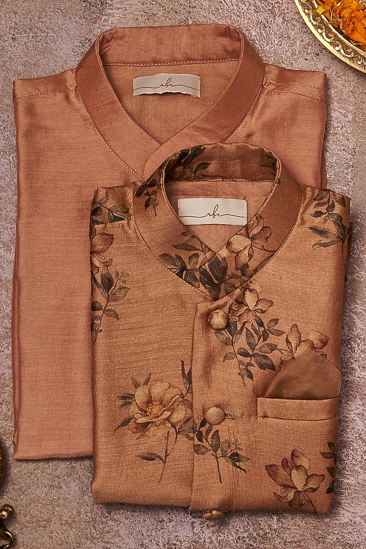 Dust Pink Printed Bandhgala Set For Boys by All Boy Couture at Pernia's Pop Up Shop
