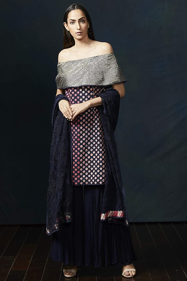 Navy Blue Embroidered Wedding Sharara Set by Aashima Behl at Pernia's Pop Up Shop