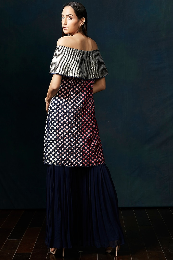 Navy Blue Embroidered Wedding Sharara Set by Aashima Behl at Pernia's Pop Up Shop