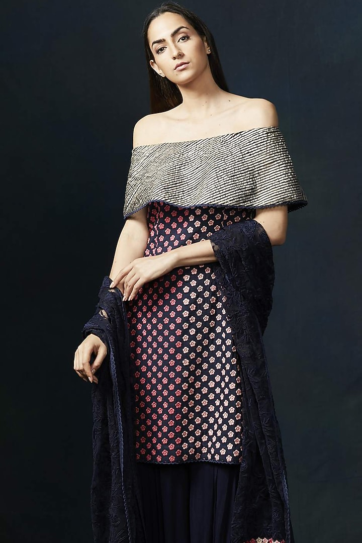Navy Blue Embroidered Wedding Sharara Set by Aashima Behl at Pernia's Pop Up Shop