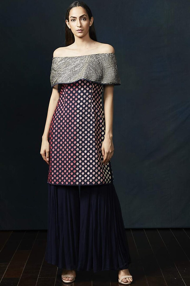 Navy Blue Embroidered Wedding Sharara Set by Aashima Behl at Pernia's Pop Up Shop