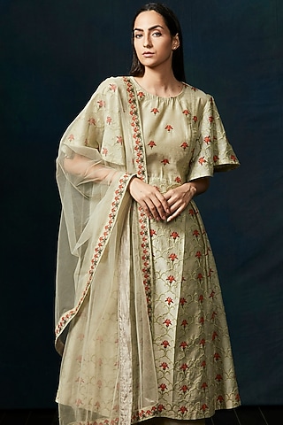 Olive Green Bell Sleeves Kurta Set by Aashima Behl