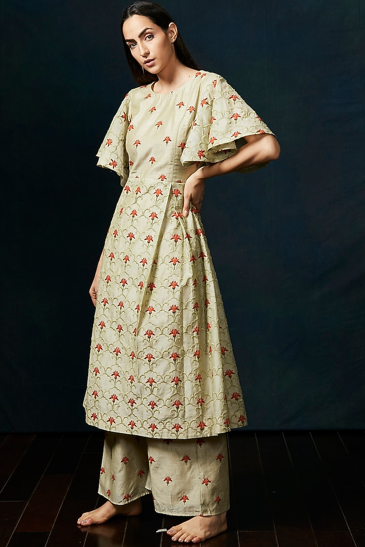 Olive Green Bell Sleeves Kurta Set by Aashima Behl at Pernia's Pop Up Shop