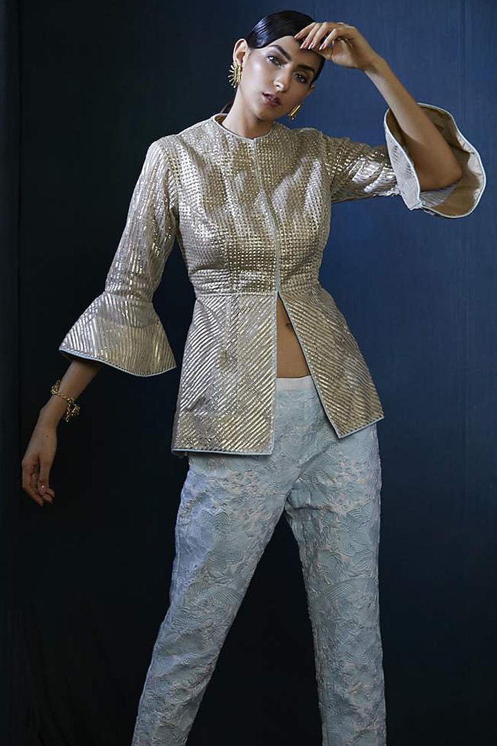 Champagne Gold Embroidered Jacket by Aashima Behl at Pernia's Pop Up Shop
