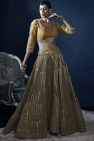 Mustard Embroidered Lehenga Set by Aashima Behl