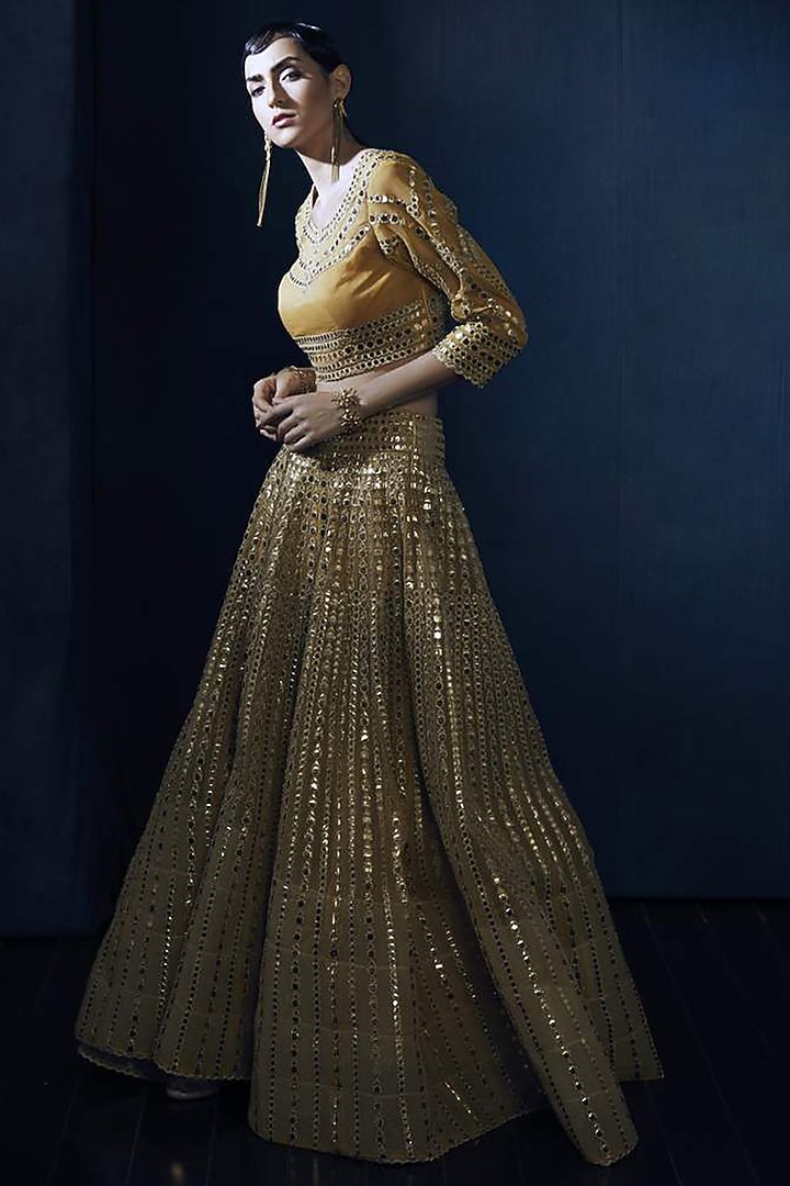 Mustard Embroidered Wedding Lehenga Set by Aashima Behl at Pernia's Pop Up Shop