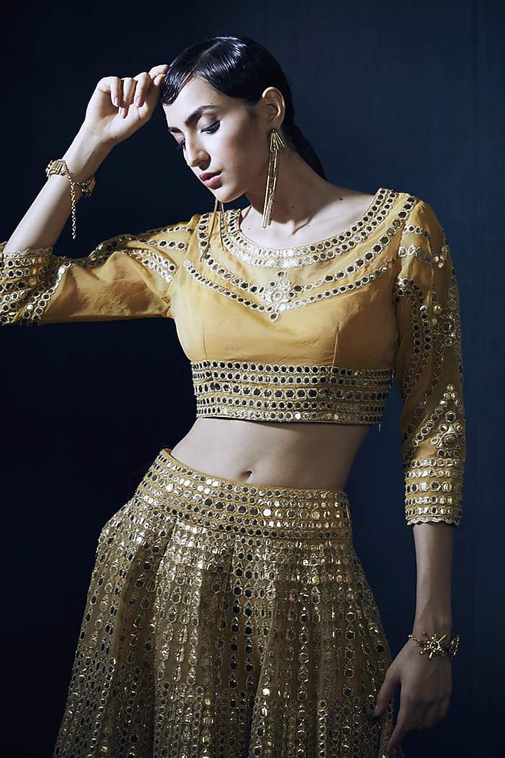 Mustard Embroidered Wedding Lehenga Set by Aashima Behl at Pernia's Pop Up Shop