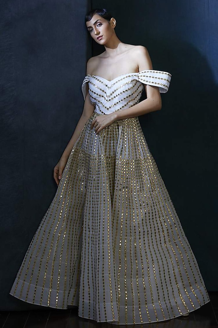White Off Shoulder Organza Gown by Aashima Behl