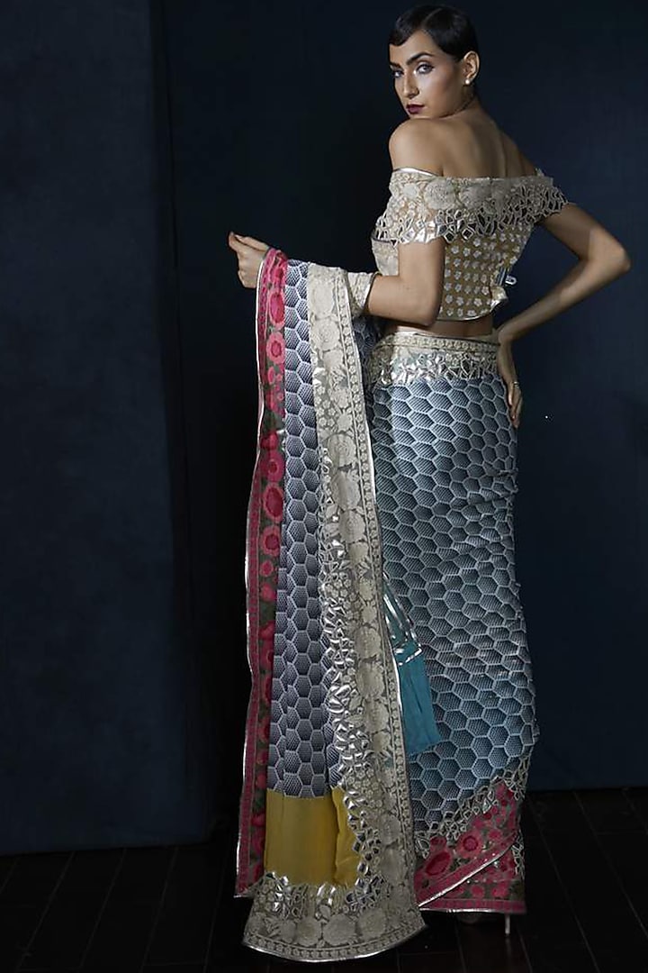 Multi Colored Embroidered Wedding Saree Set by Aashima Behl at Pernia's Pop Up Shop