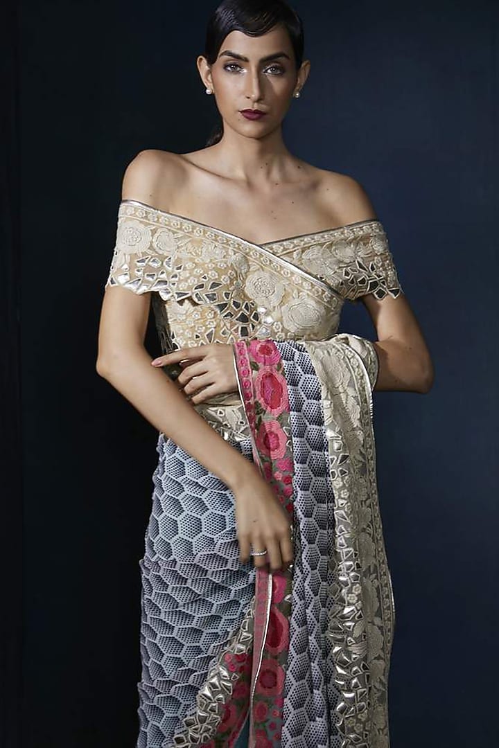 Multi Colored Embroidered Wedding Saree Set by Aashima Behl at Pernia's Pop Up Shop