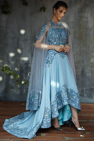 Cobalt Blue Gown With Cape by Aashima Behl