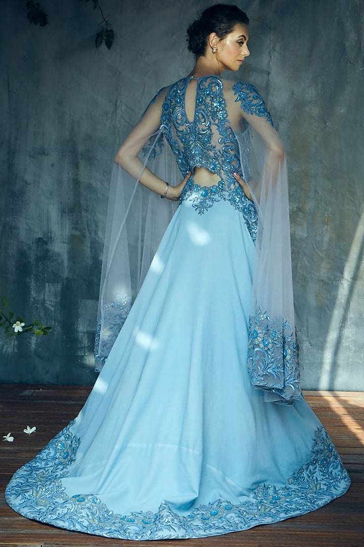 Cobalt Blue Gown With Cape by Aashima Behl at Pernia's Pop Up Shop