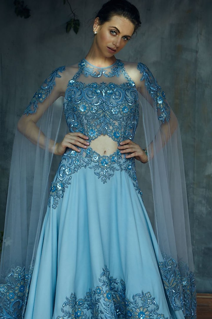 Cobalt Blue Gown With Cape by Aashima Behl at Pernia's Pop Up Shop