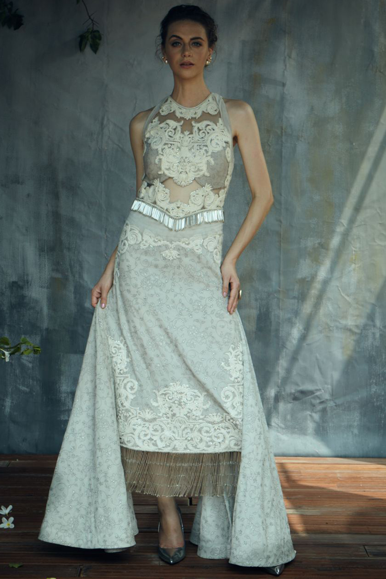Grey High-Low Gown With Tassels by Aashima Behl at Pernia's Pop Up Shop