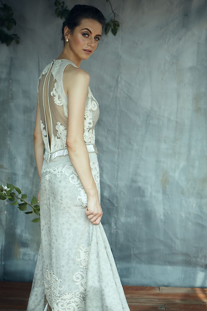 Grey High-Low Gown With Tassels by Aashima Behl at Pernia's Pop Up Shop