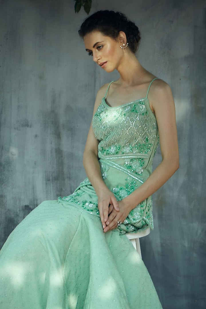 Mint Green Embroidered Gown by Aashima Behl at Pernia's Pop Up Shop