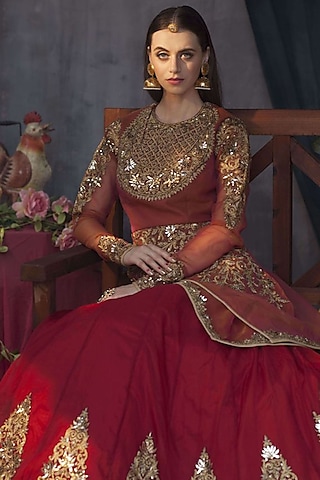 Burnt Orange Embroidered Lehenga Set by Aashima Behl