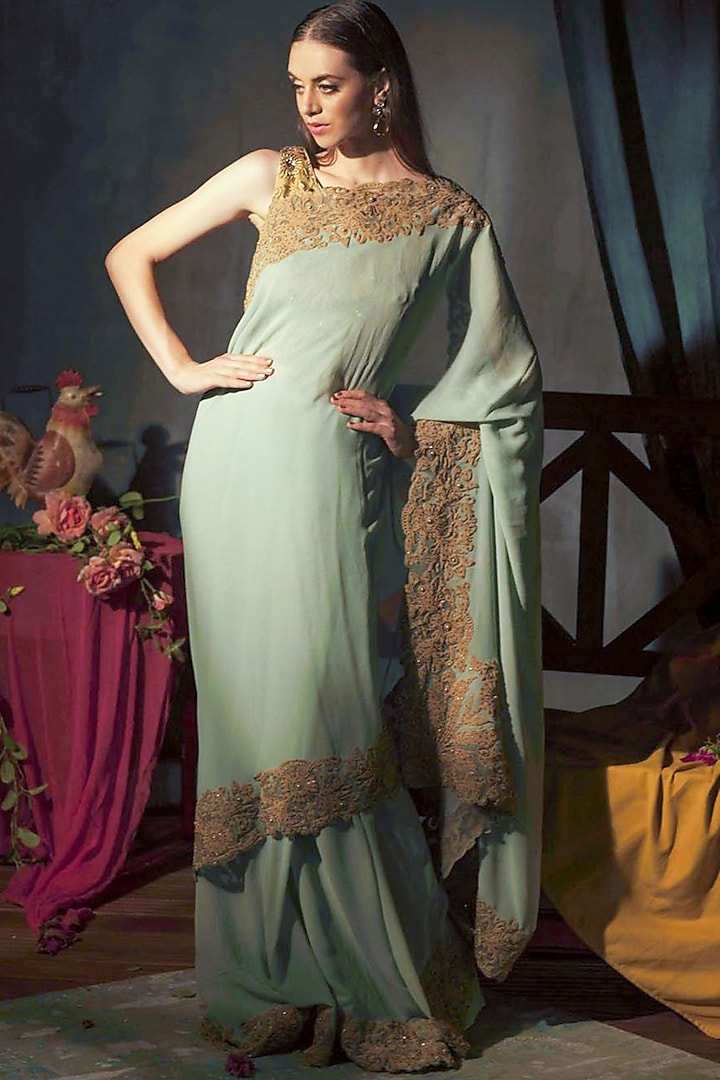 Sage Green Embroidered Saree Set by Aashima Behl