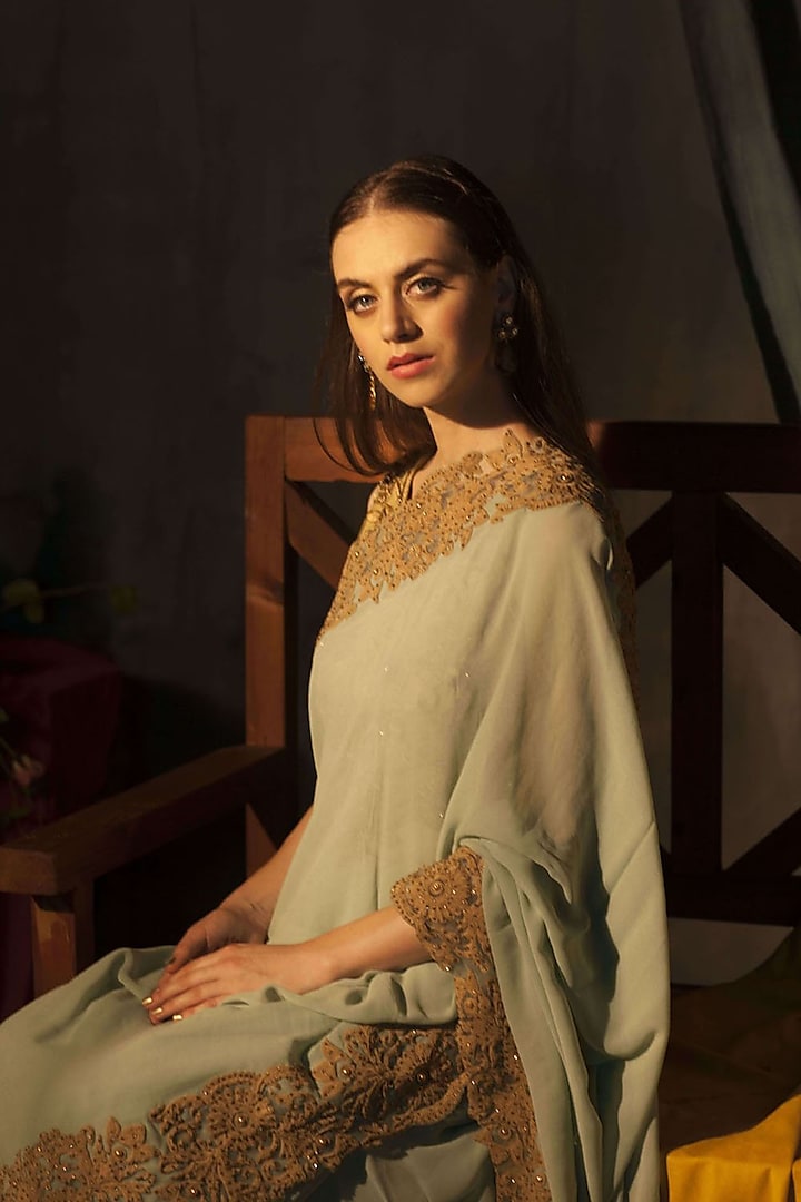 Sage Green Embroidered Wedding Saree Set by Aashima Behl at Pernia's Pop Up Shop