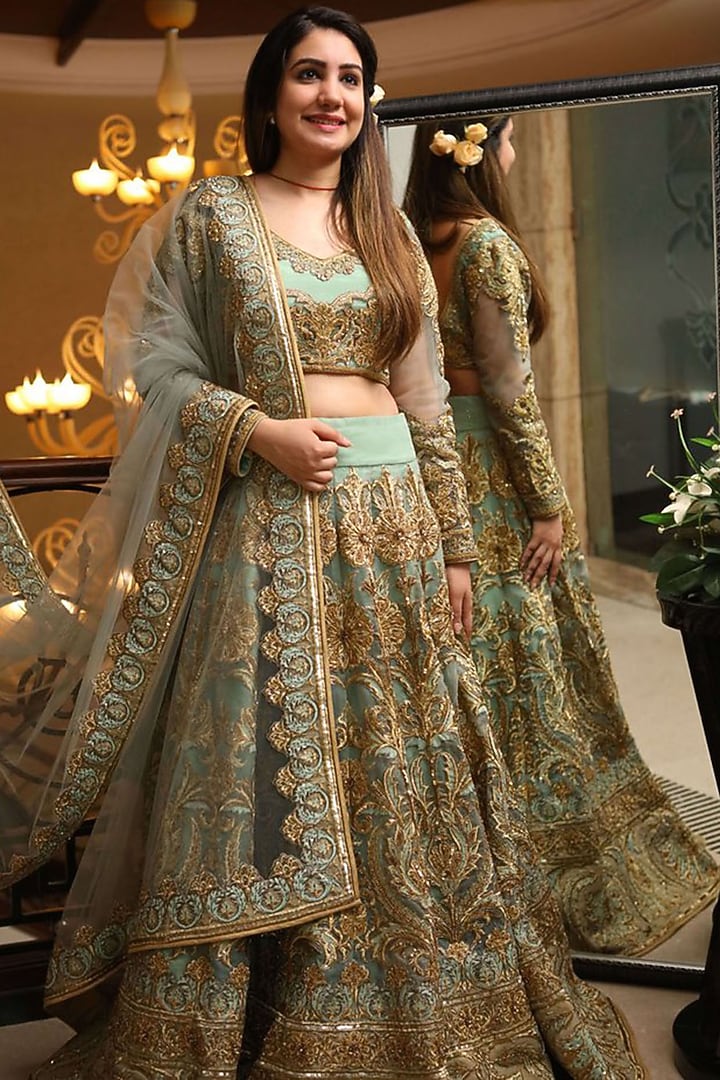 Aqua Blue Embroidered Bridal Lehenga Set by Aashima Behl at Pernia's Pop Up Shop