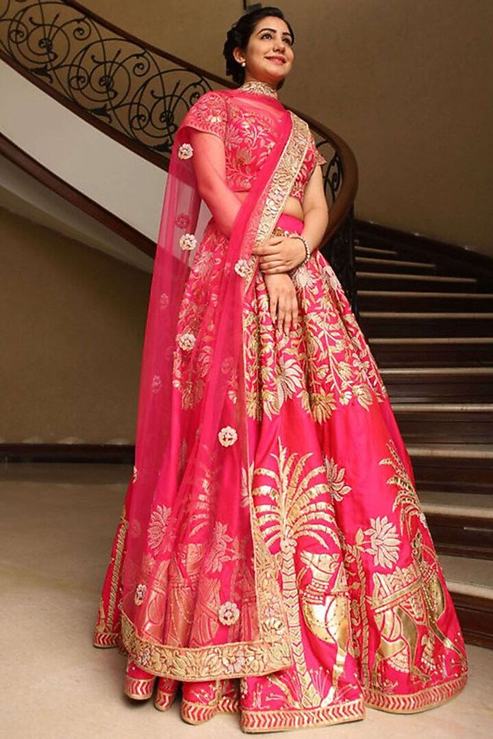 Fuchsia Pink Embroidered Bridal Lehenga Set by Aashima Behl at Pernia's Pop Up Shop