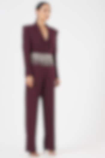 Maroon Embroidered Cropped Blazer Set by Aashima Behl