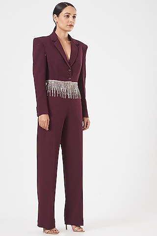 Maroon Embroidered Cropped Blazer Set by Aashima Behl