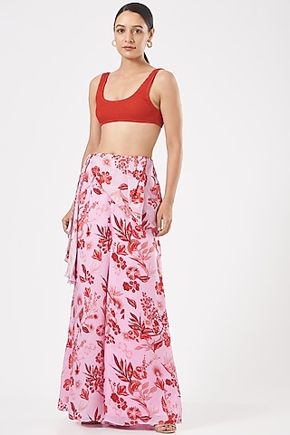 Blush Pink Printed & Draped Pants by Aashima Behl