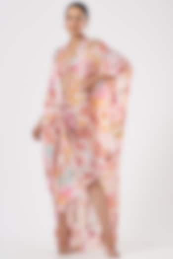 Blush Pink Floral Printed Kimono Kaftan by Aashima Behl at Pernia's Pop Up Shop