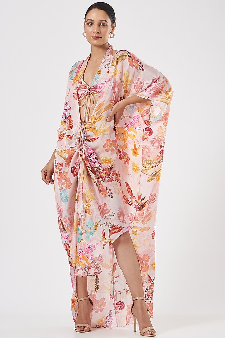Blush Pink Floral Printed Kimono Kaftan by Aashima Behl at Pernia's Pop Up Shop