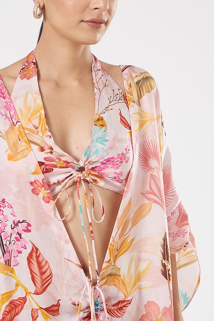 Blush Pink Floral Printed Kimono Kaftan by Aashima Behl at Pernia's Pop Up Shop