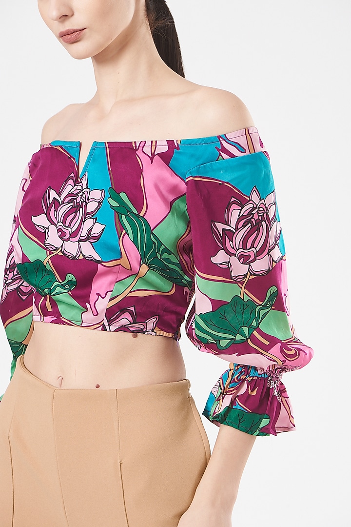 Burgundy Plum Floral Printed Off-Shoulder Top by Aashima Behl at Pernia's Pop Up Shop
