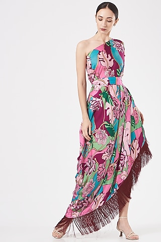 Burgundy Plum One-Shoulder Maxi Dress by Aashima Behl