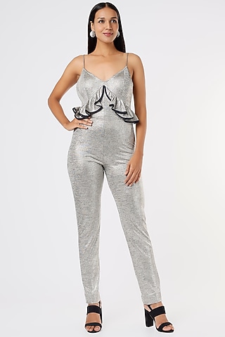 Silver Metallic Jumpsuit by Aashima Behl