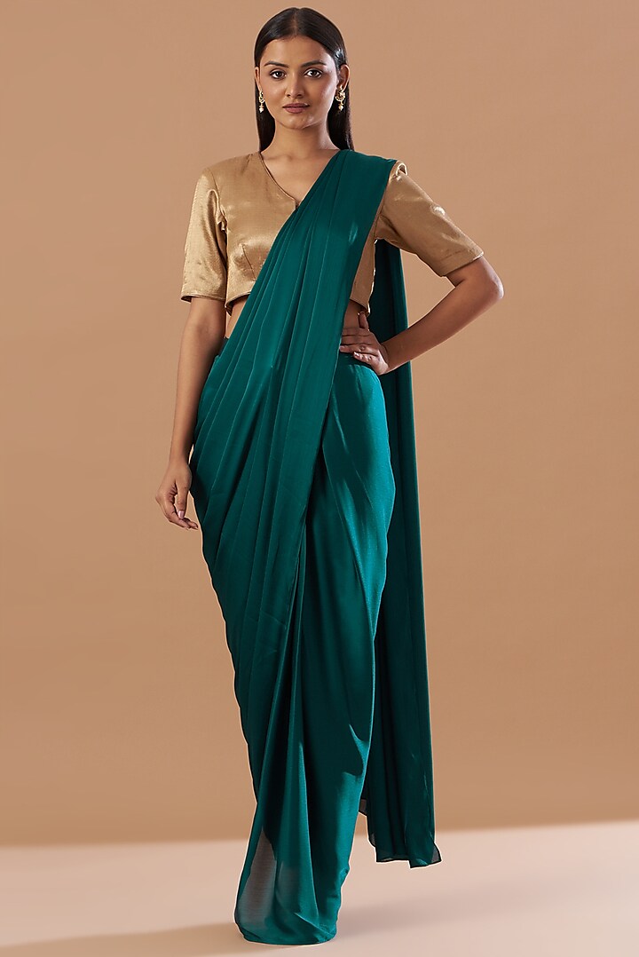 Emerald Green Georgette & Linen Pant Saree Set by Aashima Behl