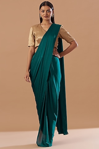 Emerald Green Georgette & Linen Pant Saree Set by Aashima Behl