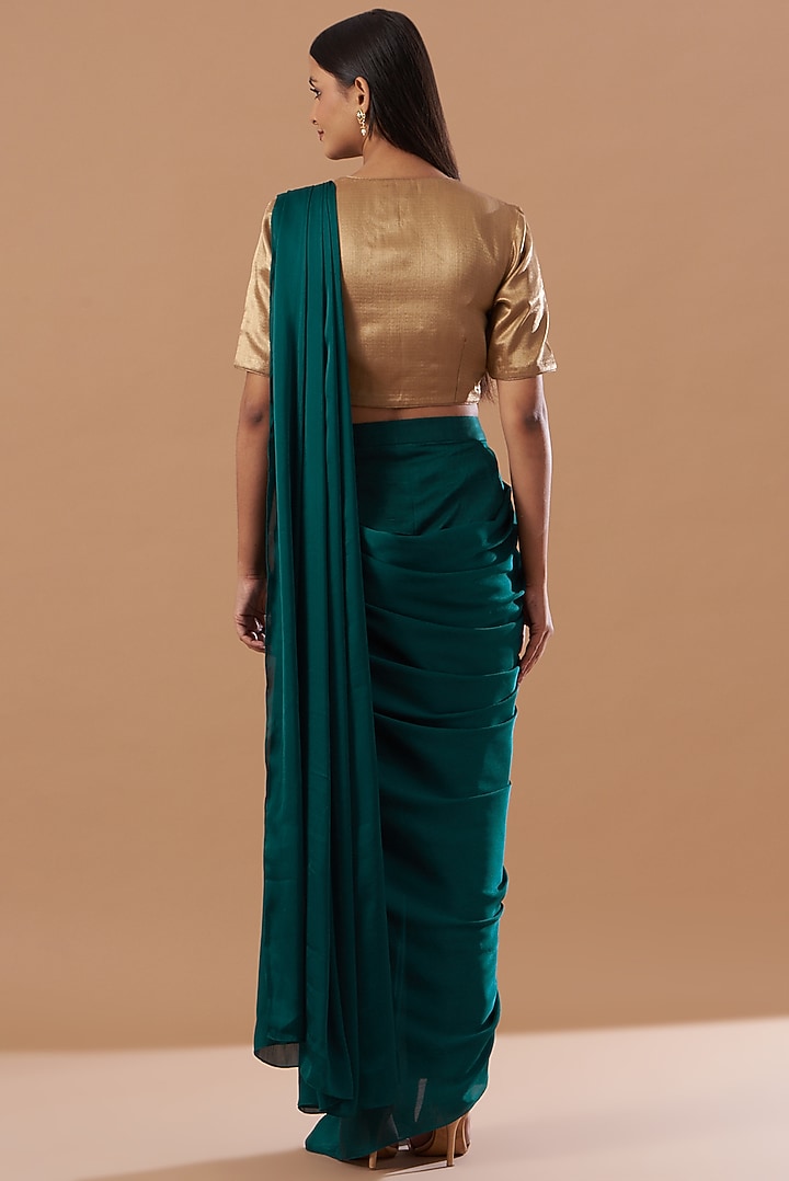 Emerald Green Georgette & Linen Pant Party Wear Saree Set by Aashima Behl at Pernia's Pop Up Shop