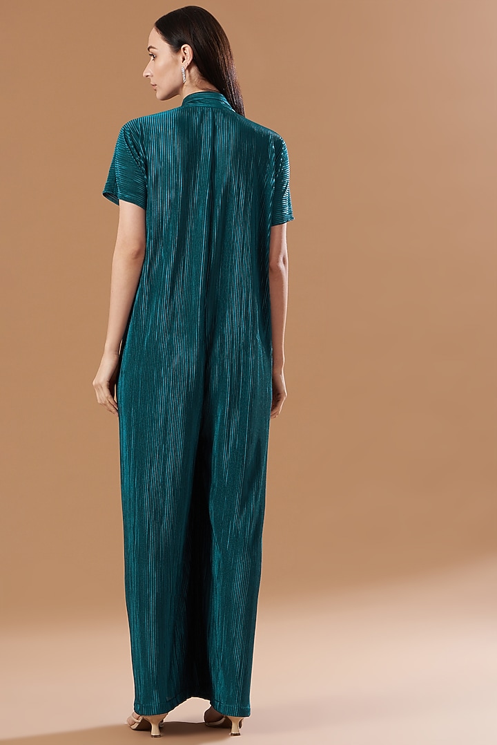 Teal Blue Pleated Satin Kaftan Jumpsuit by Aashima Behl at Pernia's Pop Up Shop