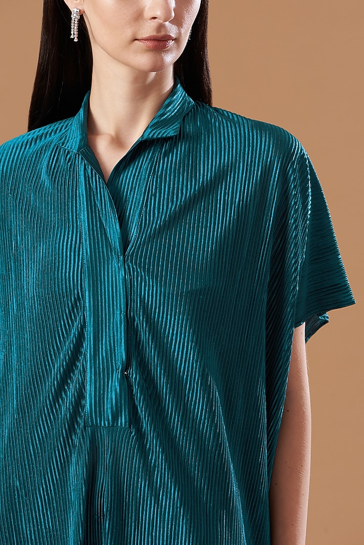 Teal Blue Pleated Satin Kaftan Jumpsuit by Aashima Behl at Pernia's Pop Up Shop
