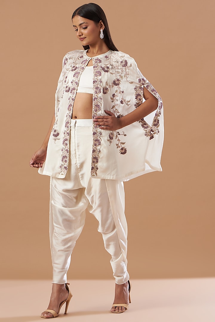 Pearl White Embroidered Cape Set by Aashima Behl