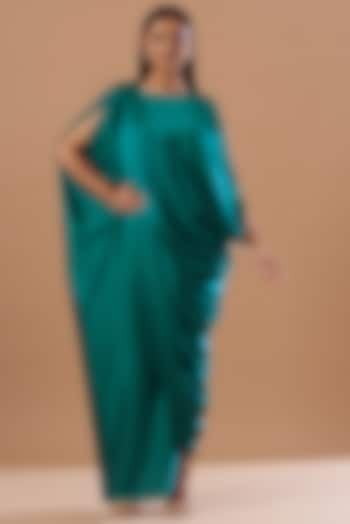 Arabian Green Satin Draped Kaftan Dress by Aashima Behl