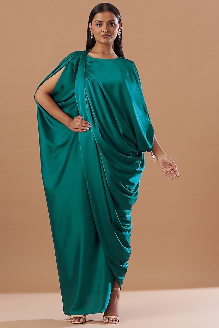 Arabian Green Satin Draped Kaftan Dress by Aashima Behl