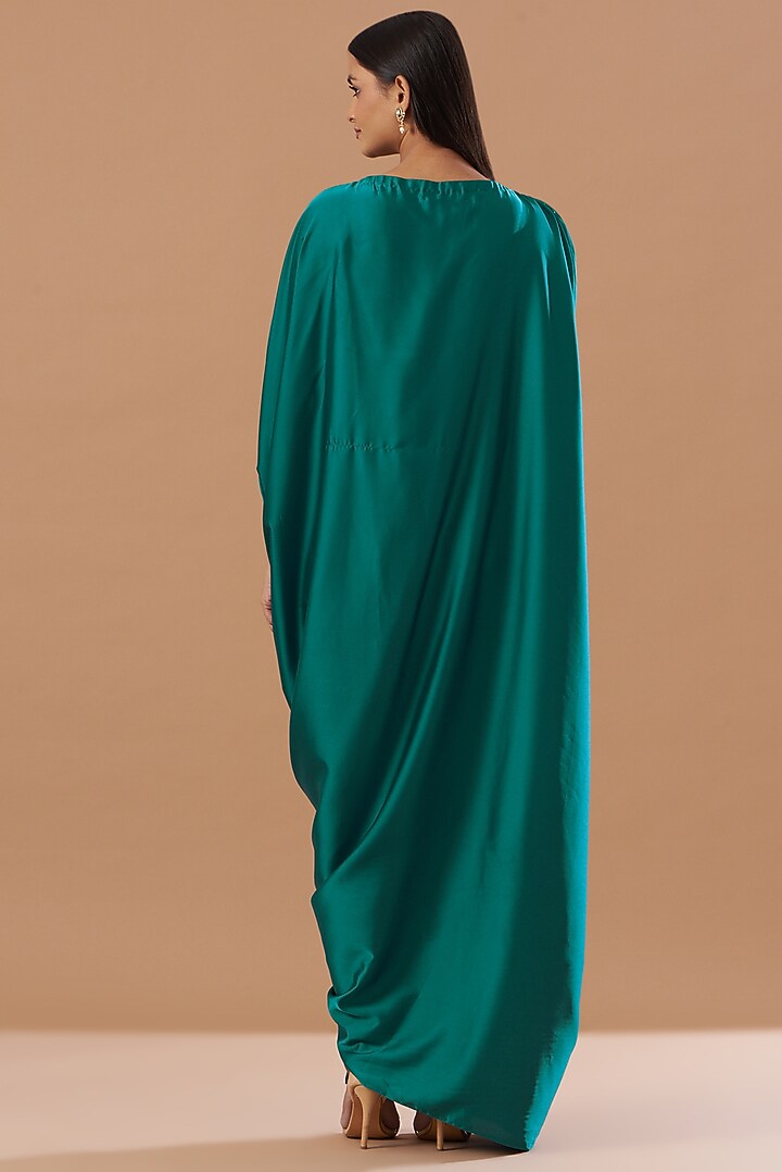 Arabian Green Satin Draped Kaftan Dress by Aashima Behl at Pernia's Pop Up Shop