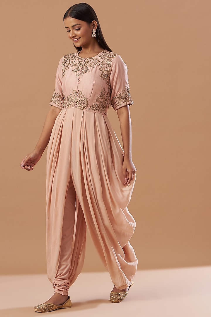 Blush Pink Embroidered Draped Jumpsuit With Pants by Aashima Behl