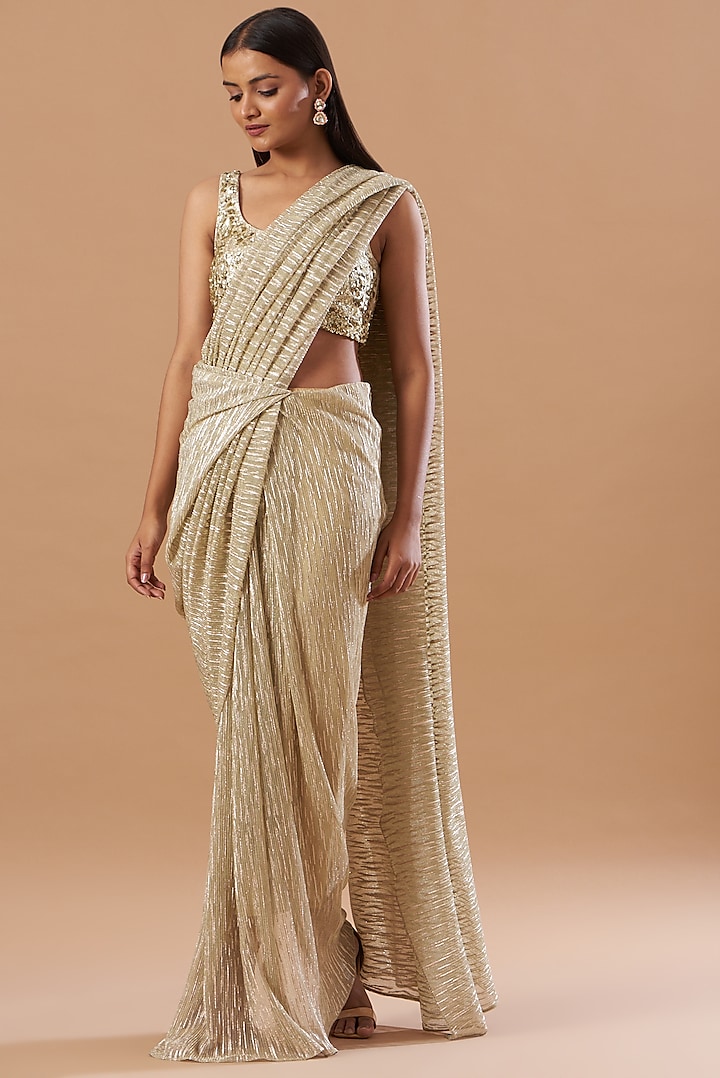 Gold Pleated Georgette Sequins Embroidered Pre-Draped Saree Set by Aashima Behl